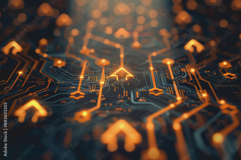 Poster a computer circuit board, with some arrows pointing forward and up, rising, tech background.