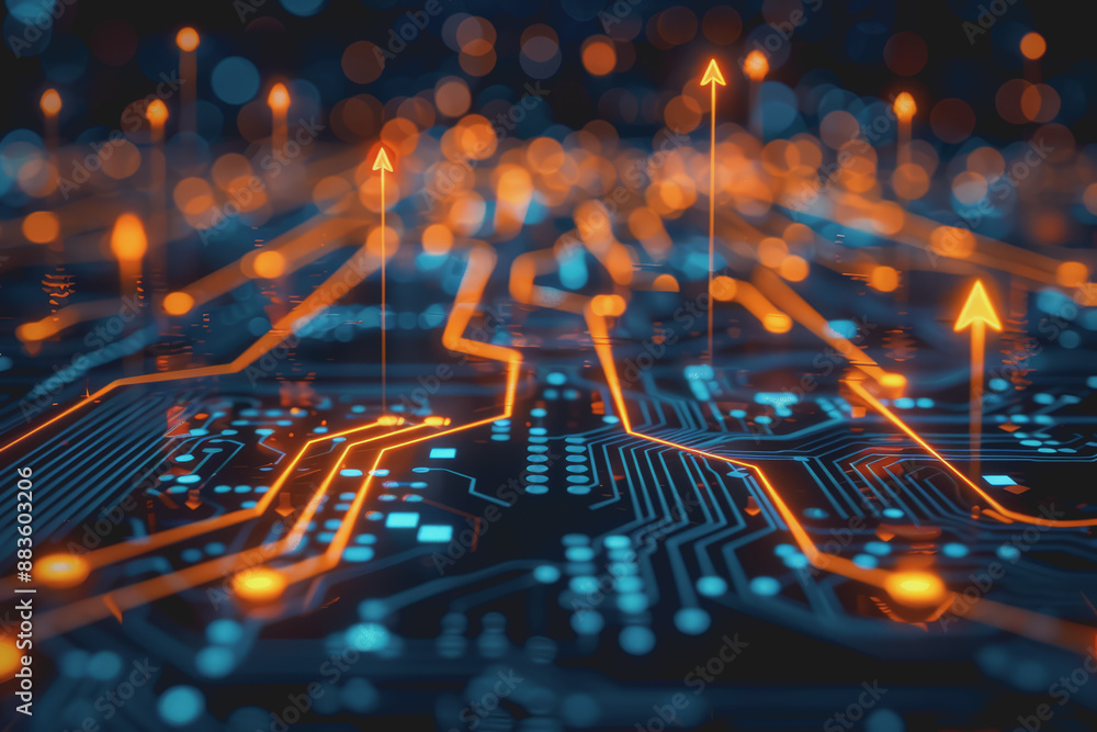 Poster a computer circuit board, with some arrows pointing forward and up, rising, tech background.