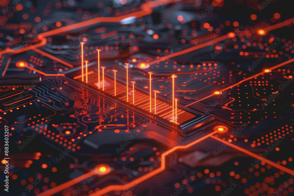 Aufkleber a computer circuit board, with some arrows pointing forward and up, rising, tech background.