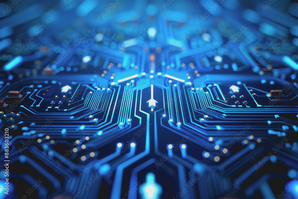 Poster a computer circuit board, with some arrows pointing forward and up, rising, tech background.