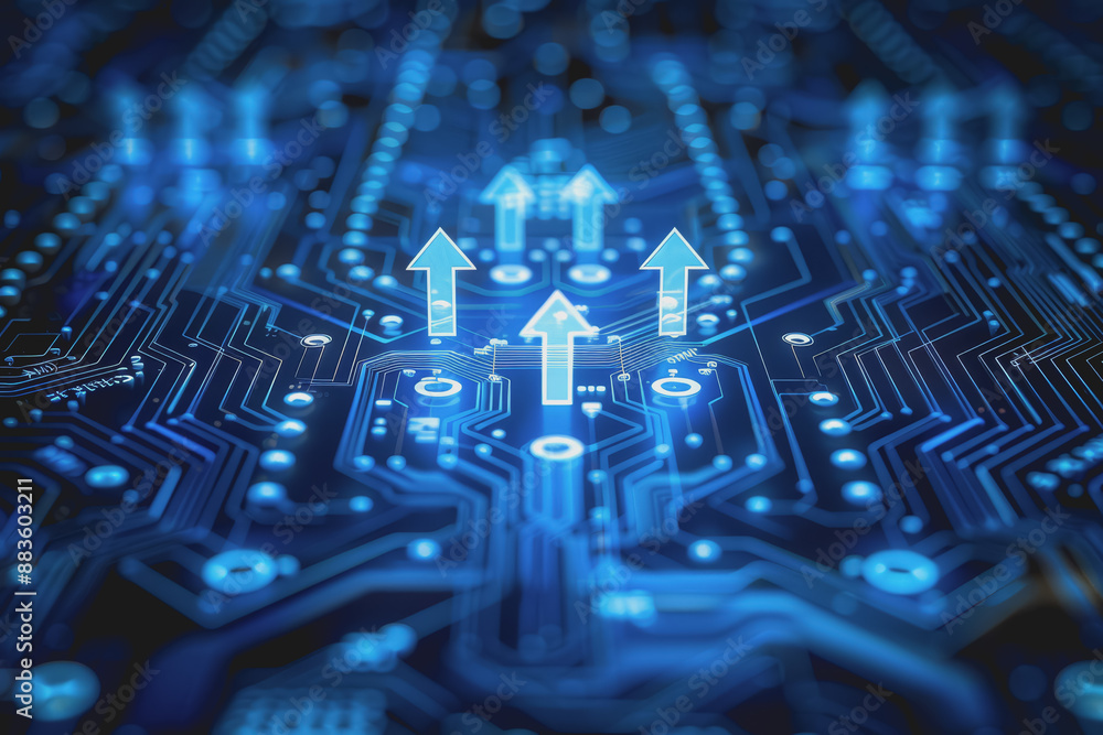 Aufkleber a computer circuit board, with some arrows pointing forward and up, rising, tech background.