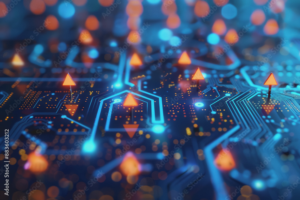 Poster a computer circuit board, with some arrows pointing forward and up, rising, tech background.
