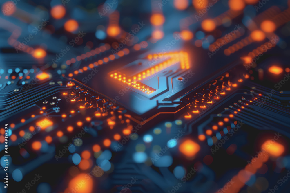 Poster a computer circuit board, with some arrows pointing forward and up, rising, tech background.