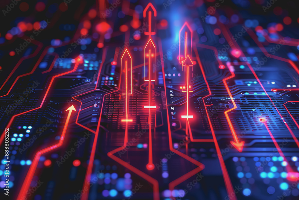 Aufkleber a computer circuit board, with some arrows pointing forward and up, rising, tech background.