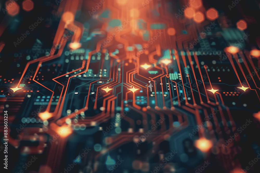 Poster a computer circuit board, with some arrows pointing forward and up, rising, tech background.