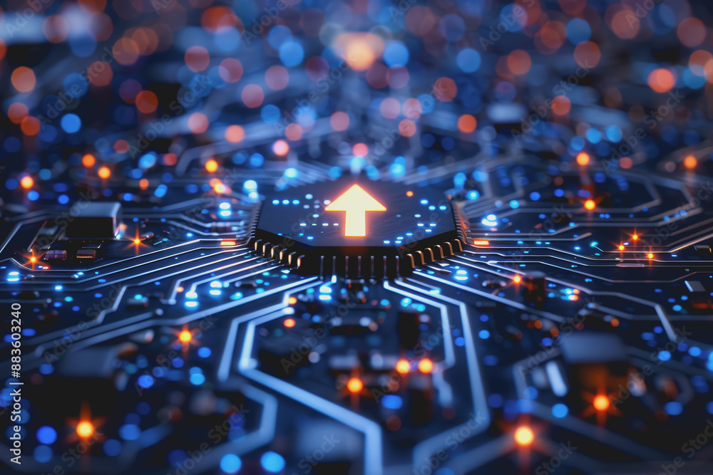 Poster a computer circuit board, with some arrows pointing forward and up, rising, tech background.
