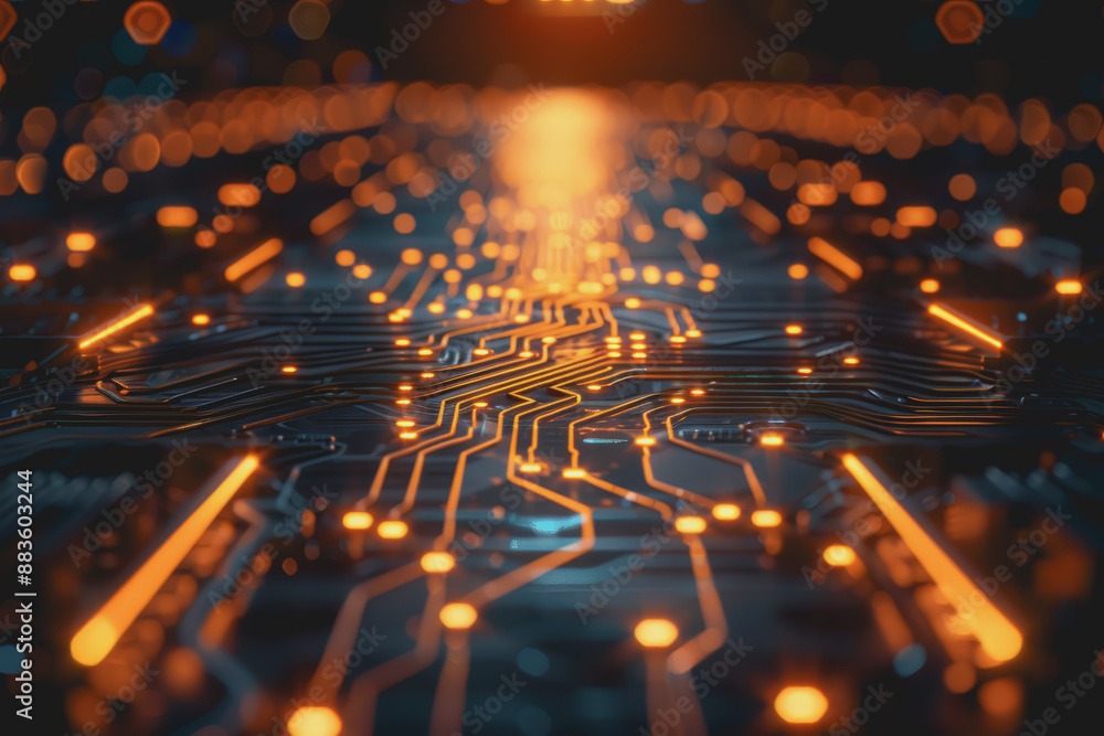 Poster a computer circuit board, with some arrows pointing forward and up, rising, tech background.