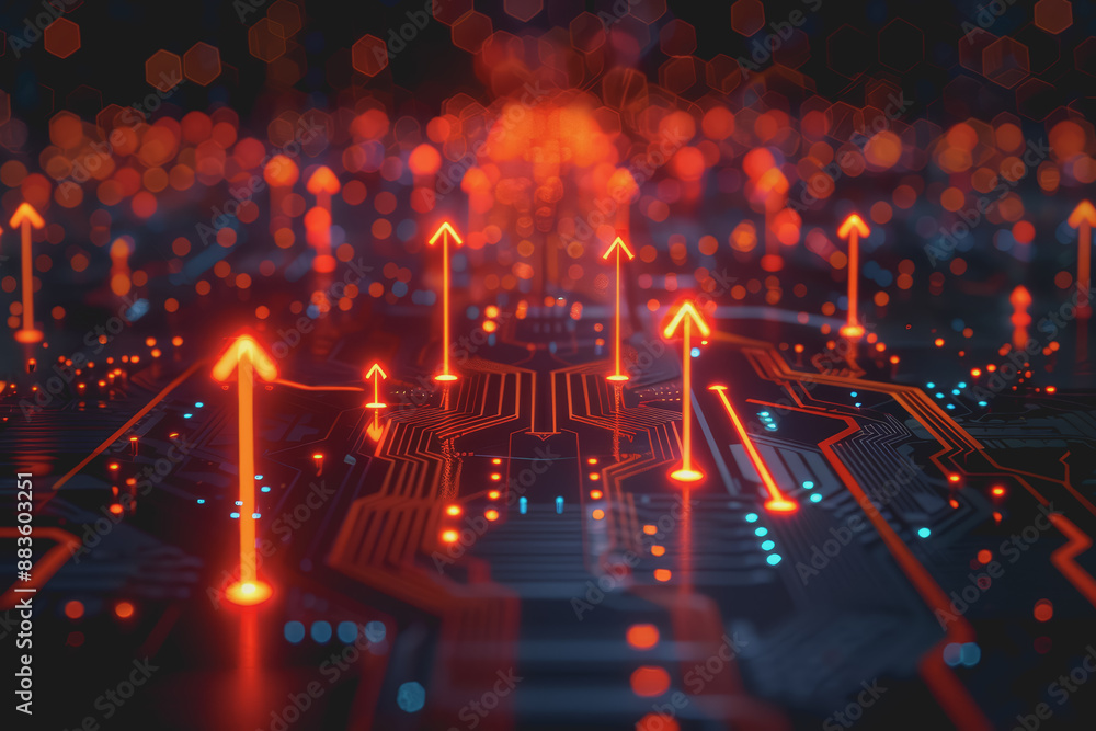 Poster a computer circuit board, with some arrows pointing forward and up, rising, tech background.