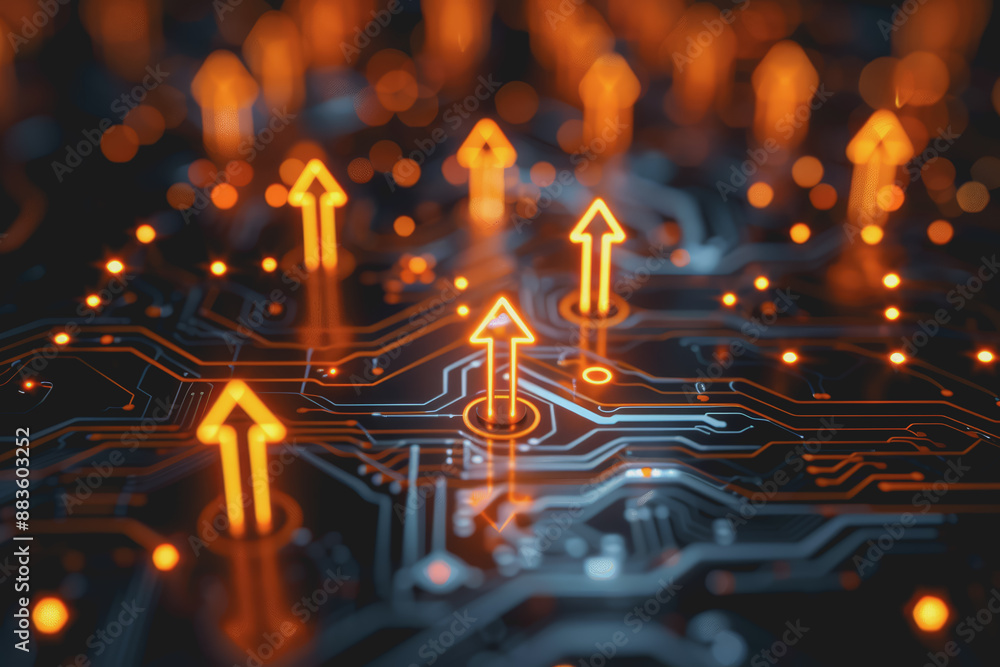 Aufkleber a computer circuit board, with some arrows pointing forward and up, rising, tech background.