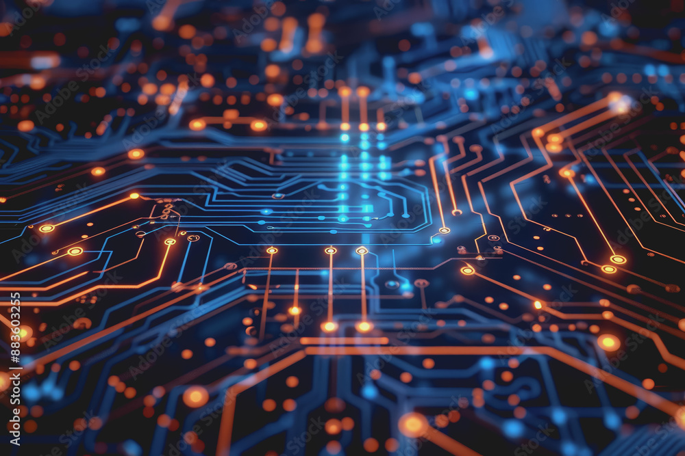 Poster a computer circuit board, with some arrows pointing forward and up, rising, tech background.