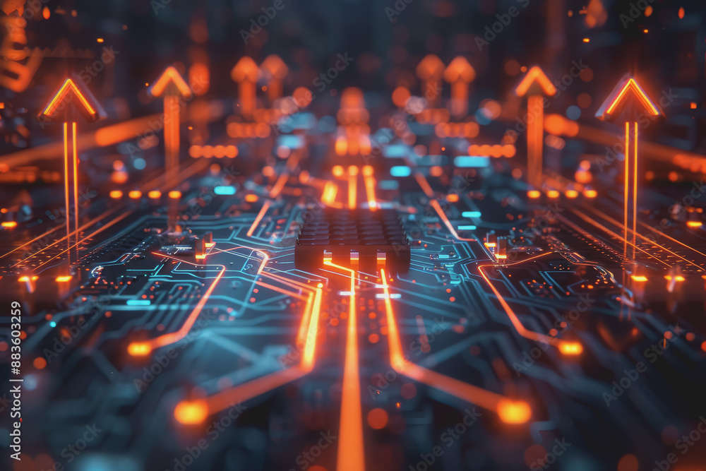 Poster a computer circuit board, with some arrows pointing forward and up, rising, tech background.