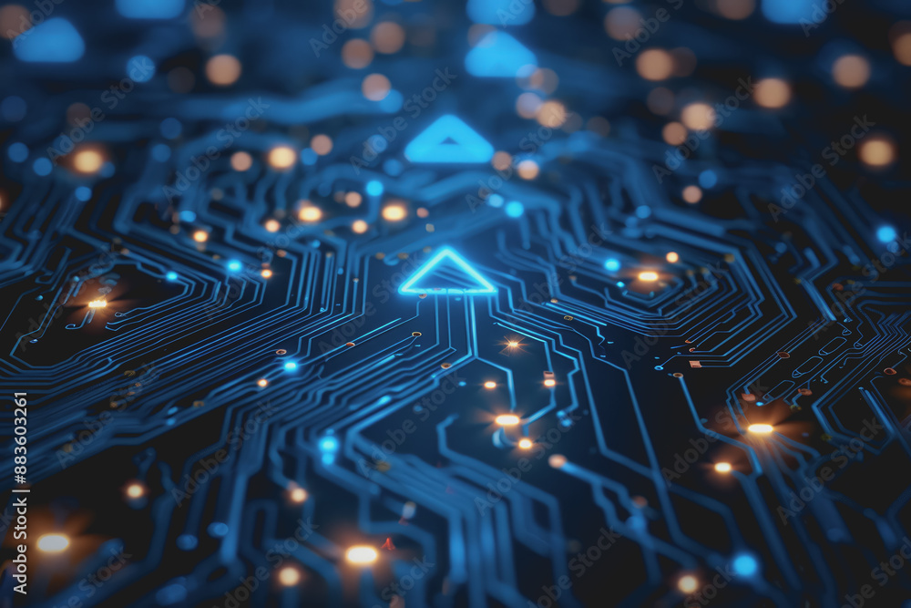 Aufkleber a computer circuit board, with some arrows pointing forward and up, rising, tech background.