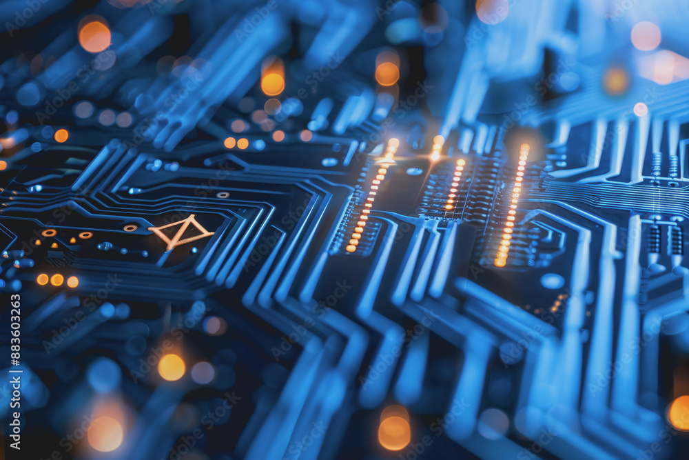 Poster a computer circuit board, with some arrows pointing forward and up, rising, tech background.