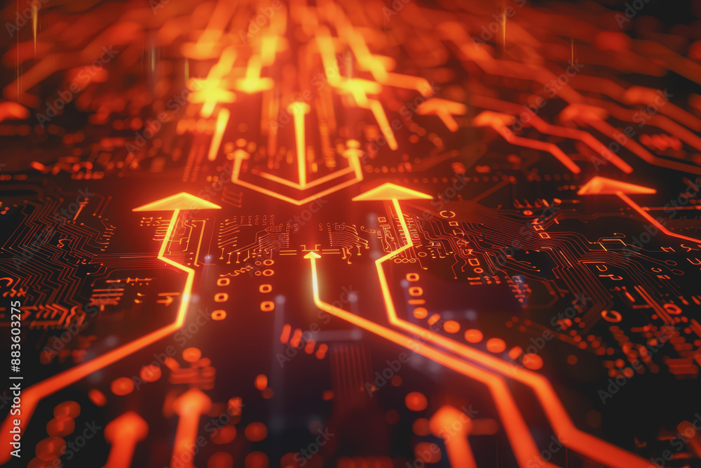 Poster a computer circuit board, with some arrows pointing forward and up, rising, tech background.