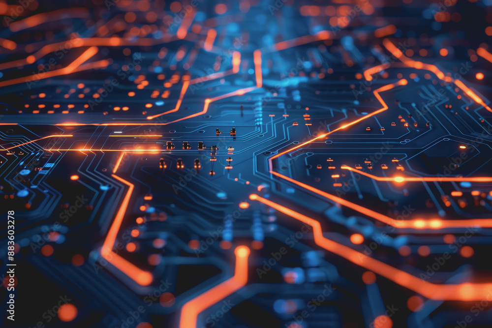 Poster a computer circuit board, with some arrows pointing forward and up, rising, tech background.