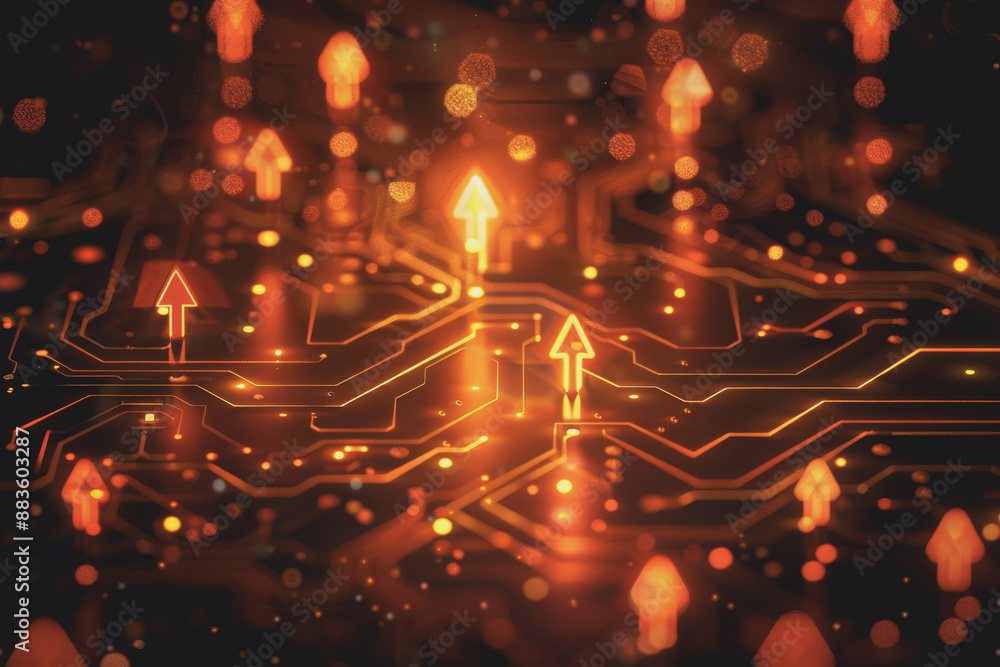 Poster a computer circuit board, with some arrows pointing forward and up, rising, tech background.