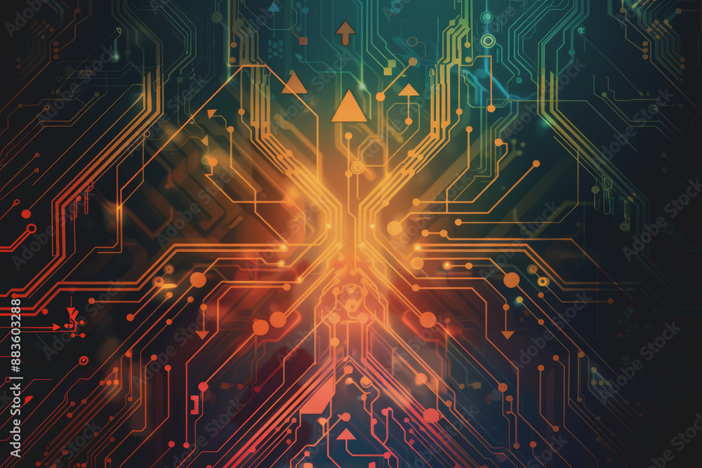 Poster a computer circuit board, with some arrows pointing forward and up, rising, tech background.