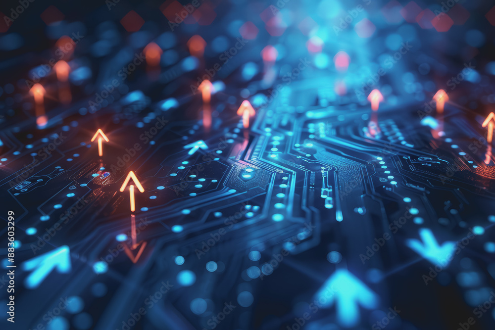 Poster a computer circuit board, with some arrows pointing forward and up, rising, tech background.