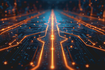 A computer circuit board, with some arrows pointing forward and up, rising, tech background.