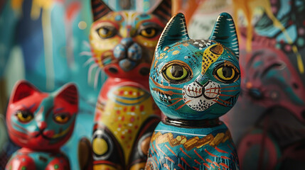 Cat figurines in an array of colors. 