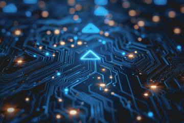 A computer circuit board, with some arrows pointing forward and up, rising, tech background.