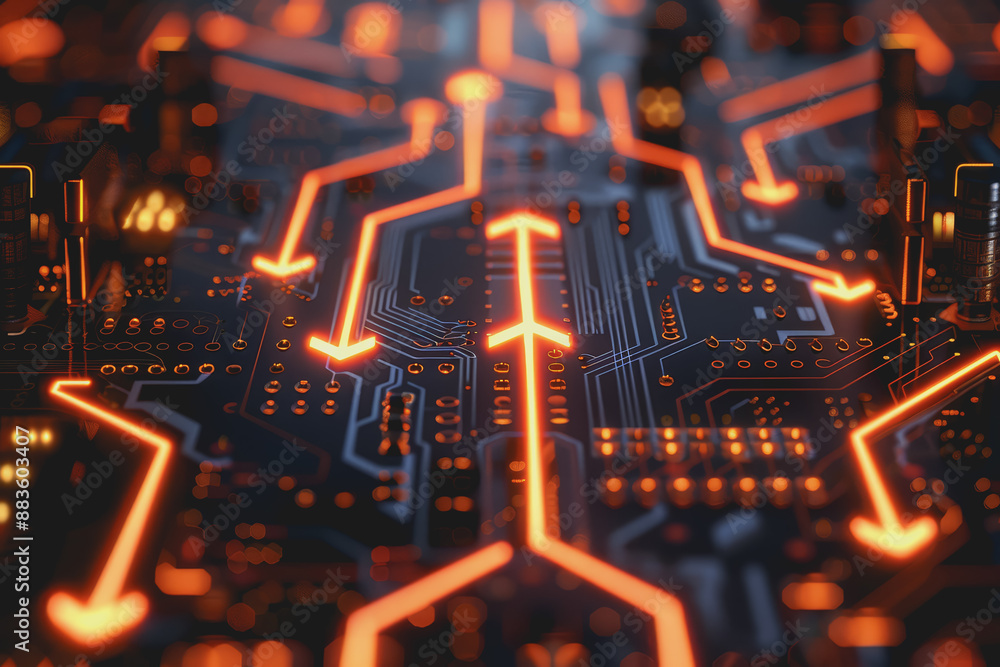 Aufkleber a computer circuit board, with some arrows pointing forward and up, rising, tech background.