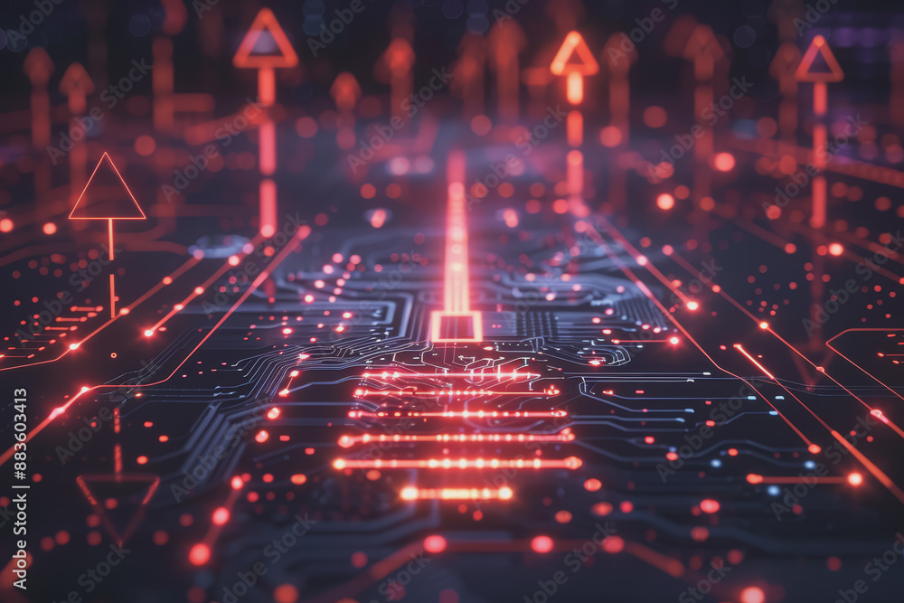 Poster a computer circuit board, with some arrows pointing forward and up, rising, tech background.