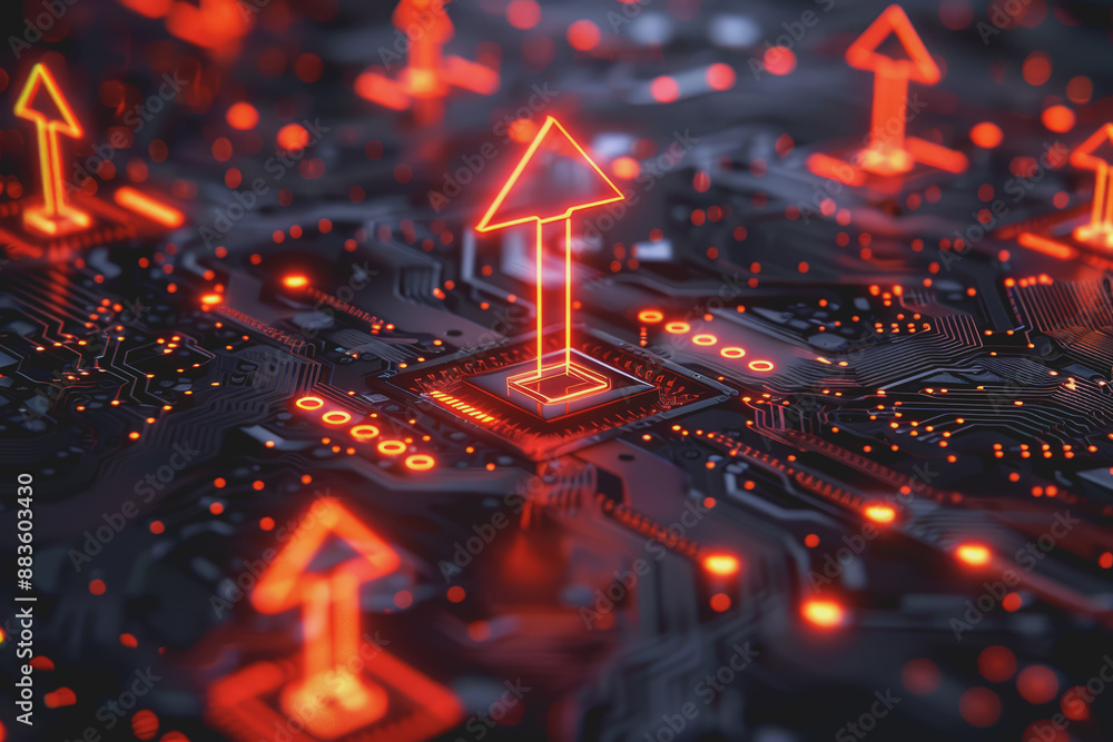 Poster a computer circuit board, with some arrows pointing forward and up, rising, tech background.