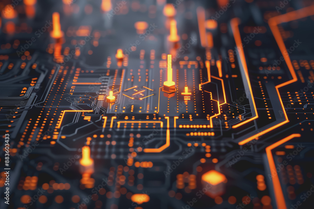 Poster a computer circuit board, with some arrows pointing forward and up, rising, tech background.