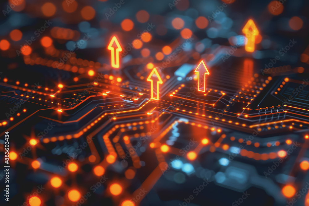 Poster a computer circuit board, with some arrows pointing forward and up, rising, tech background.
