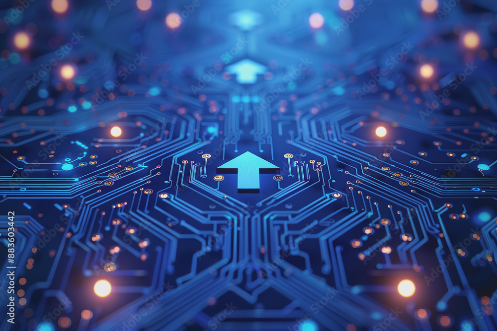 Aufkleber a computer circuit board, with some arrows pointing forward and up, rising, tech background.