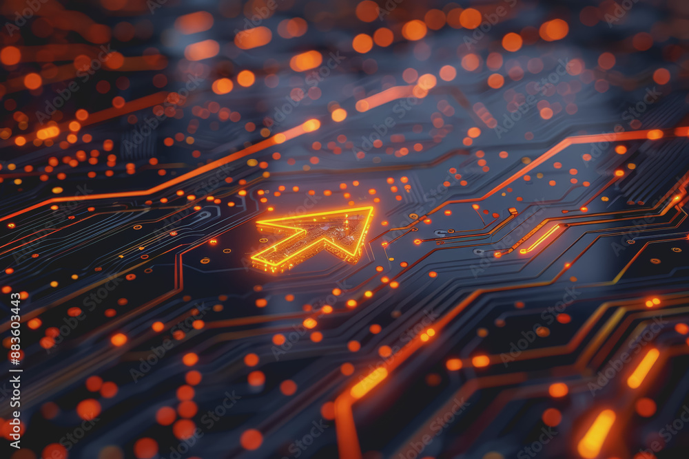 Poster a computer circuit board, with some arrows pointing forward and up, rising, tech background.