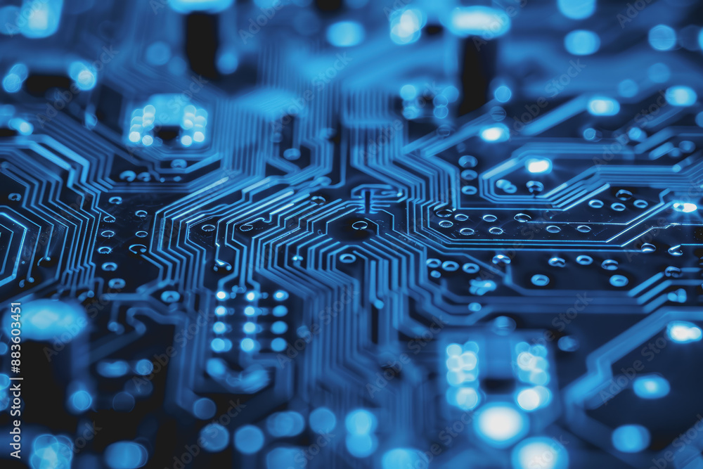 Poster a computer circuit board, with some arrows pointing forward and up, rising, tech background.