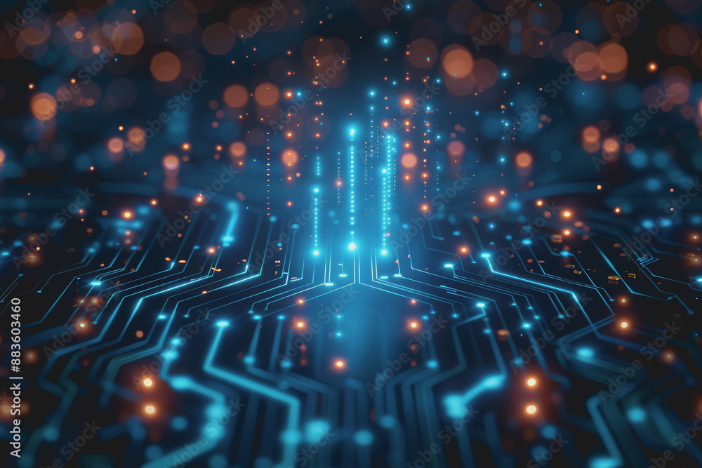Poster a computer circuit board, with some arrows pointing forward and up, rising, tech background.