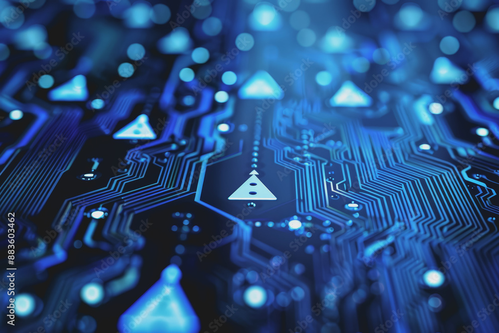 Aufkleber a computer circuit board, with some arrows pointing forward and up, rising, tech background.