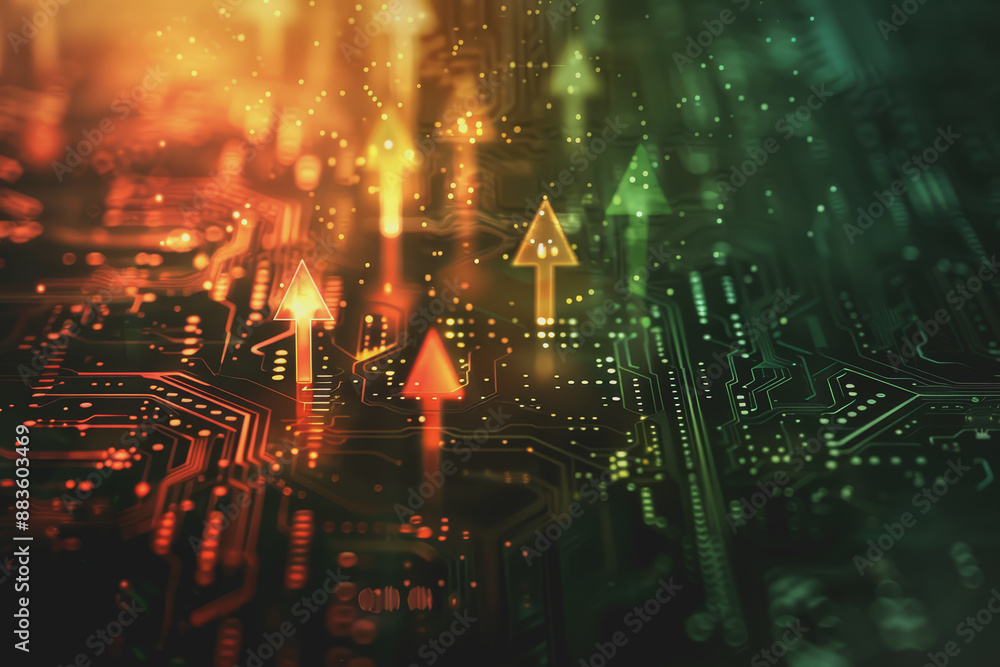 Poster a computer circuit board, with some arrows pointing forward and up, rising, tech background.