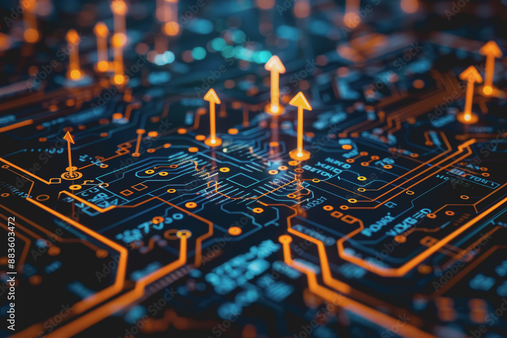 Poster a computer circuit board, with some arrows pointing forward and up, rising, tech background.