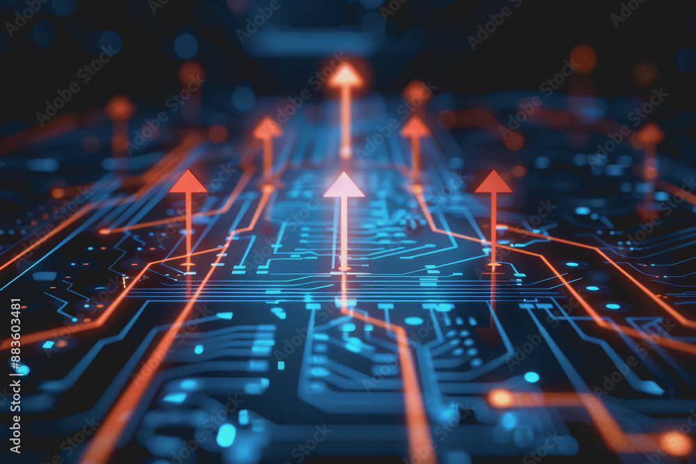 Aufkleber a computer circuit board, with some arrows pointing forward and up, rising, tech background.