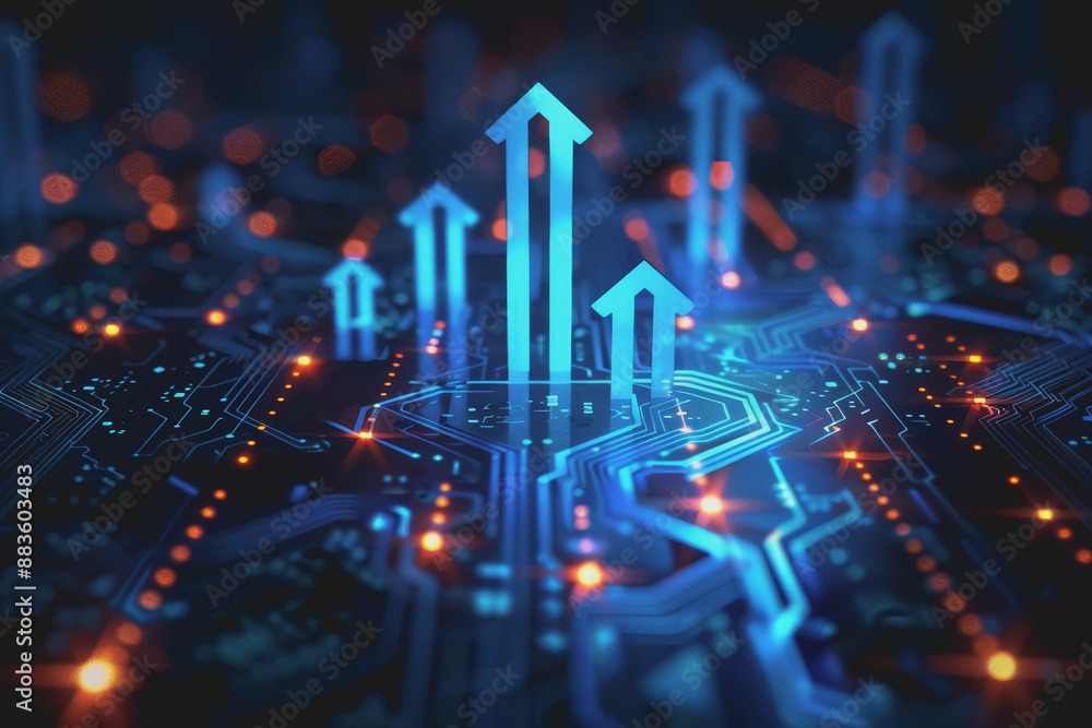 Poster a computer circuit board, with some arrows pointing forward and up, rising, tech background.