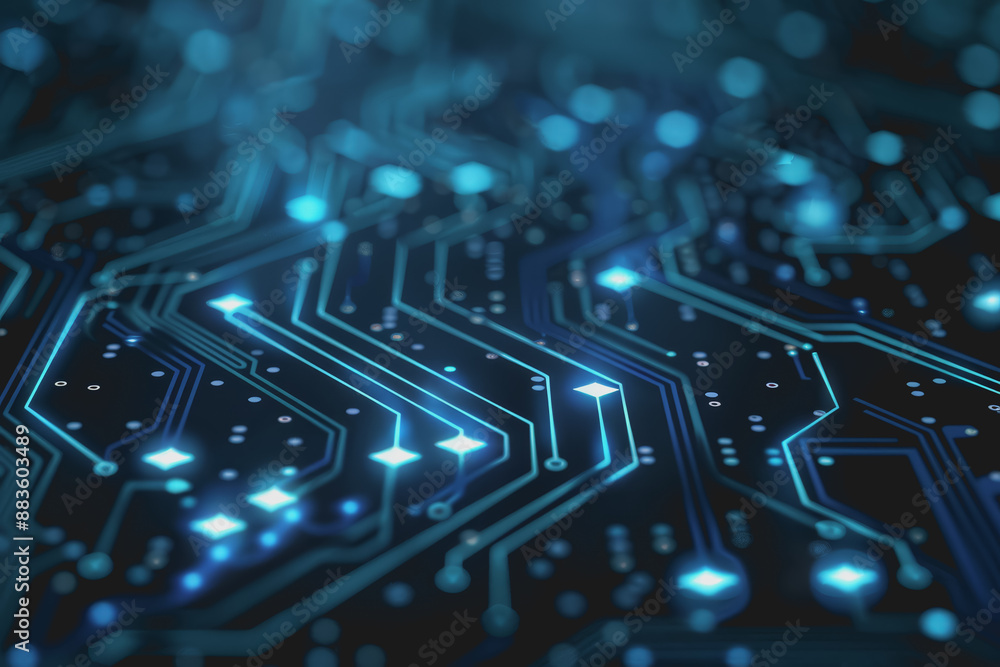 Poster a computer circuit board, with some arrows pointing forward and up, rising, tech background.