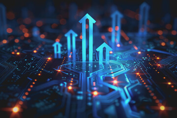 A computer circuit board, with some arrows pointing forward and up, rising, tech background.
