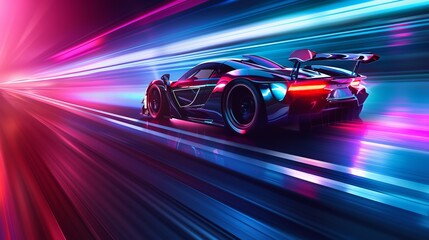 A high-performance car racing with neon background lights, highlighting the mesmerizing combination of speed, technology, and vibrant colors in a futuristic setting.