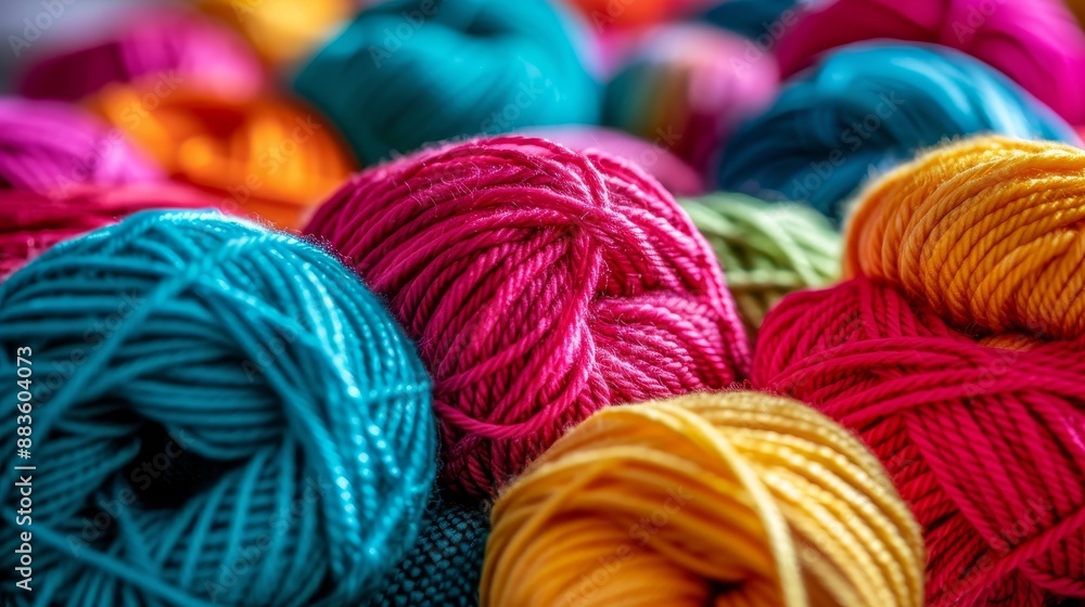 Poster vibrant yarn rolls creating a colorful background display for artistic projects and crafts