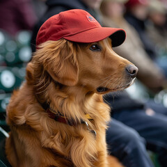 Golden Retriever wearing a baseball cap, watching a game. 