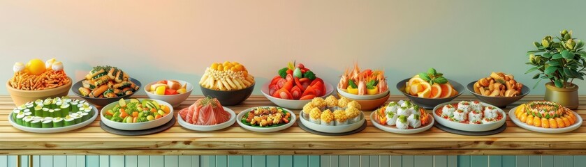 Drone angle, minimalist culinary art setup, symmetric arrangement of colorful gourmet dishes on a large wooden table, muted pastel background, digital CG 3D rendering