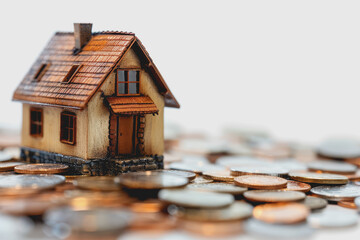 A small house resting on a pile of coins. on the table inside the house white background.