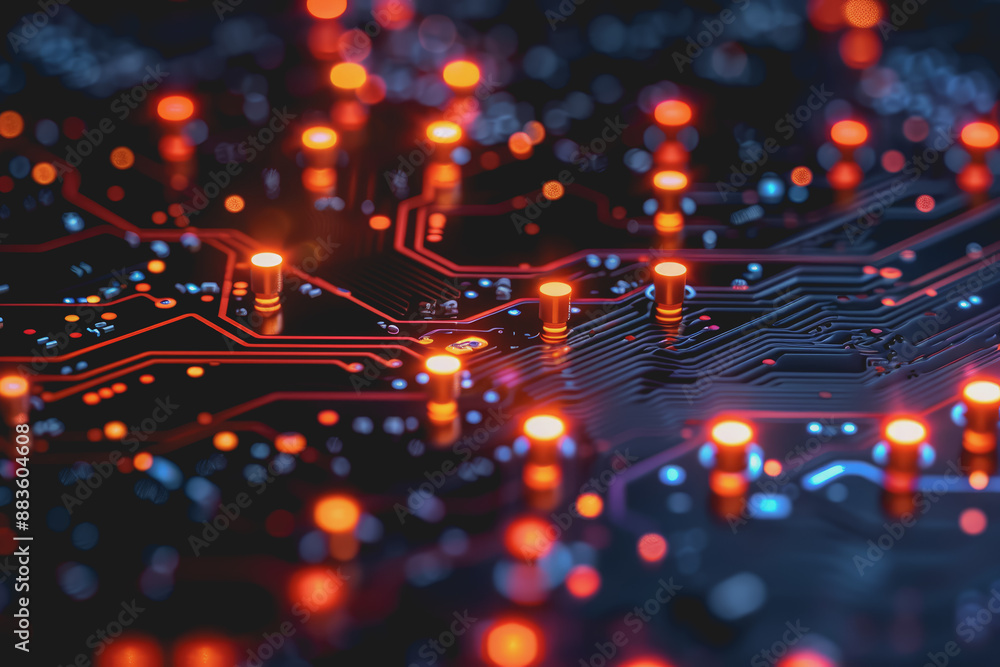 Poster a computer circuit board, with some arrows pointing forward and up, rising, tech background.