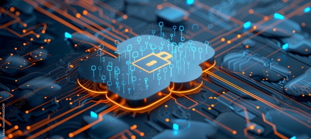 Poster futuristic cityscape with minimalist cloud and metallic lock icon symbolizing data security