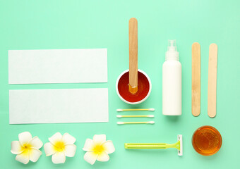 Composition with sugaring paste and razor on turquoise background. Hair removal concept