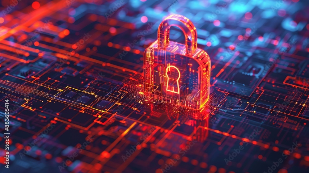 Poster secure cloud concept lock icon in translucent cloud on digital grid with neon colors